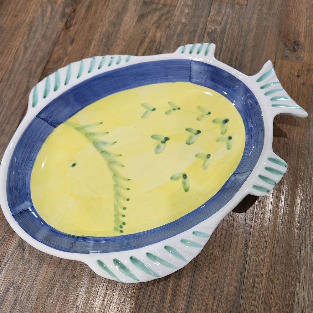 Caleca Greco Hand Painted Italy Fish Shaped Server Platter Marina Yellow Blue - Picture 15 of 15